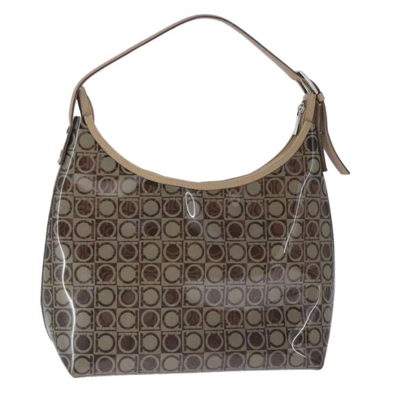 Salvatore Ferragamo Gancini Shoulder Bag Vinyl Leather Brown Silver Auth 102694 - Picture 1 of 16